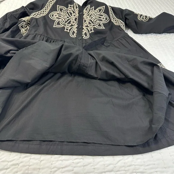 Elegant Button Down Black and Cream Embroidered Long Puff Sleeve Mini Dress - Picture 15 of 16